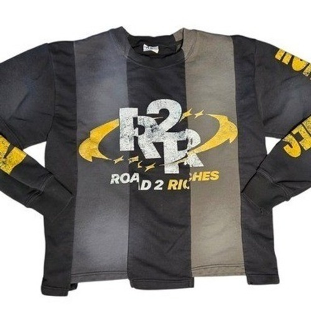 Road 2 Riches R2R Paneled Graphic Crewneck Sweatshirt Mens Large‎ Black Gray Ylw